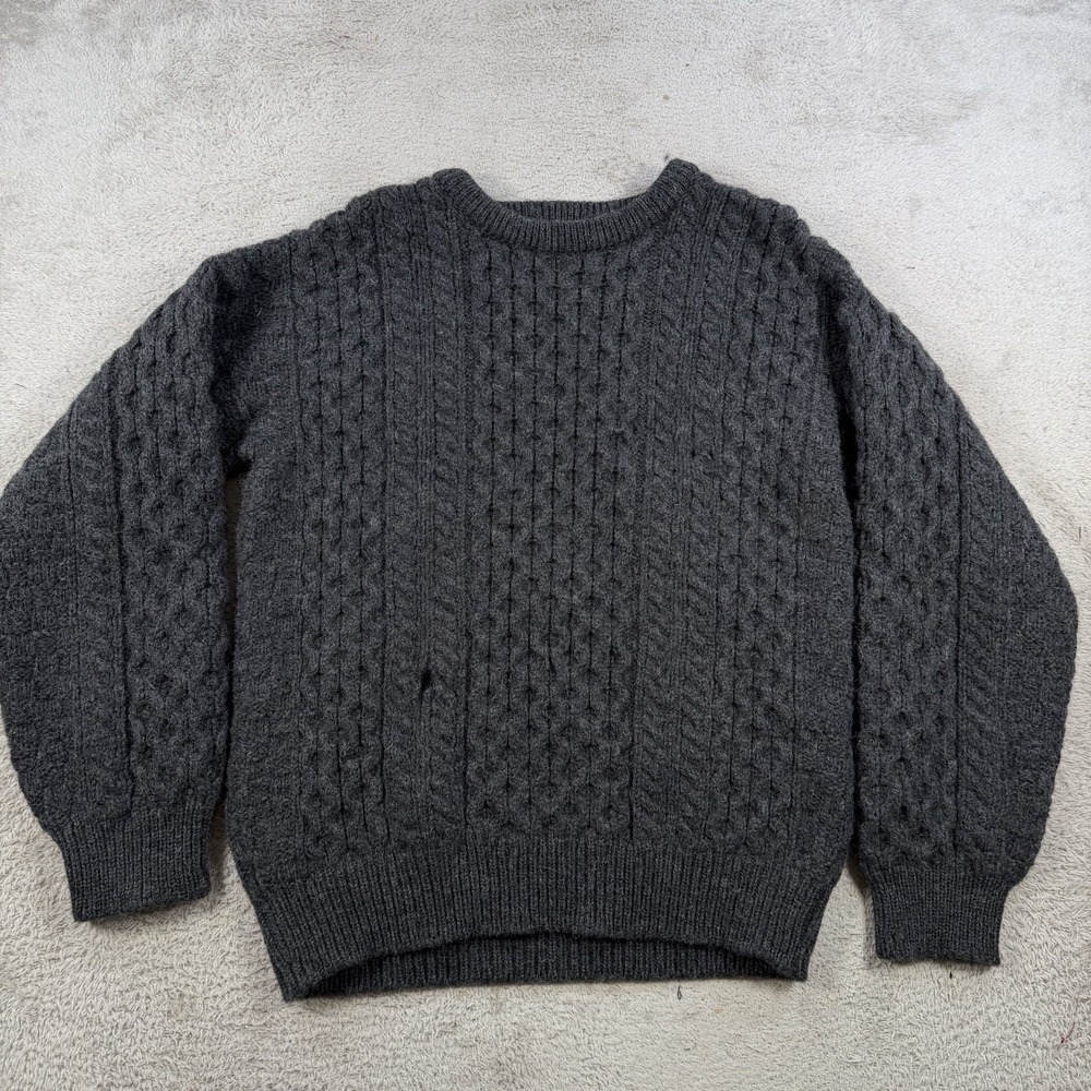 Aran Crafts Sweater Mens Medium Grey 100% Wool Cable Knit Ireland Crewneck